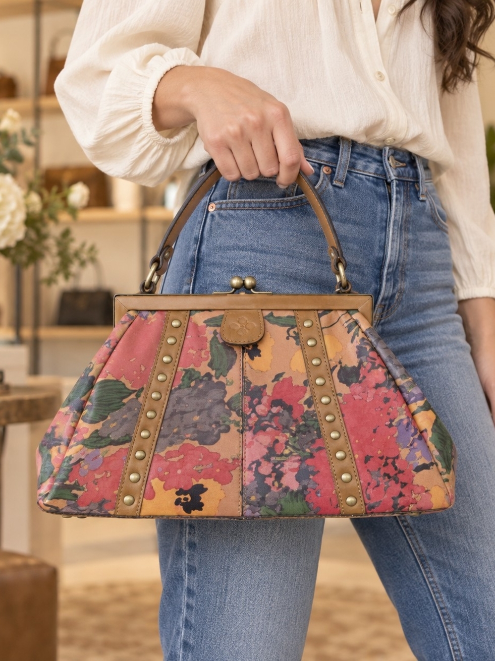 Patricia Nash Gracchi Spring Multi Floral Leather Frame Satchel